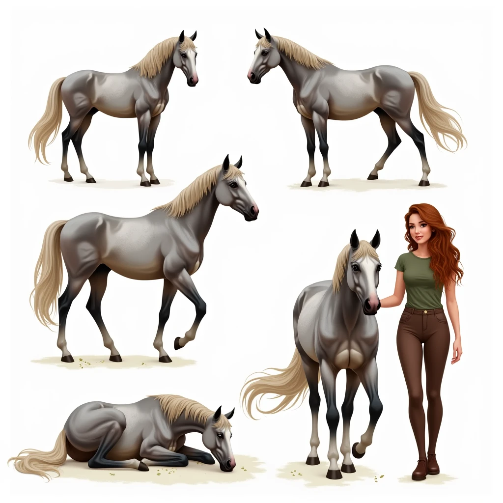 Illustration sur fond transparent d'un cheval (gris pommelé gris-marron sur tout le corps et la tête, crins gris clair, avec une tâche rose sur le bout du nez côté naseau gauche, yeux marrons) dans 5 différentes positions : debout ; couché ; trottant ; en train brouter ; avec un humain à côté (femme : coupe cheveux longs bouclés châtain avec un ombré hair blond, yeux noisettes, t-shirt vert militaire et pantalon d’équitation marron)