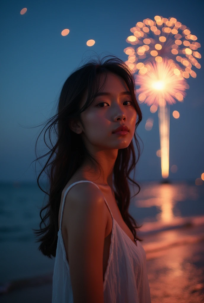 Japanese,22 years old,beautiful girl,Randomly generated people with diverse facial features and hairstyles々,Perfect Anatomy,Ocean,Beach,firework,Night Sky,Launch firework, Ocean,photo shoot