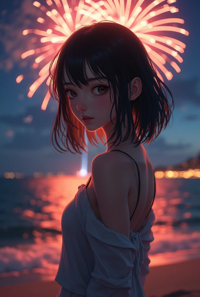 Japanese,22 years old,beautiful girl,Randomly generated people with diverse facial features and hairstyles々,Perfect Anatomy,Ocean,Beach,firework,Night Sky,Launch firework, Ocean,photo shoot