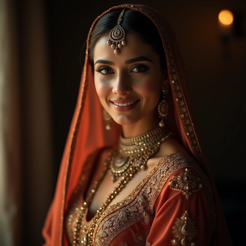 a beautiful detailed hijabi muslim pakistani woman, gorgeous face with beautiful detailed eyes, long eyelashes, detailed lips, flawless skin, wearing a tight dress that shows her big breasts, wearing a hijab, waist chain around her navel, intricate traditional pakistani jewelry, dramatic cinematic lighting, photorealistic, 8k, hyper detailed, masterpiece
