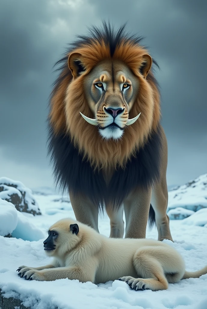 "Create a dramatic and intense scene in a cold, icy environment where a massive woolly lion stands triumphantly over a defeated polar monkey lying on the snow. The lion's thick, brown fur is detailed, and its large, curved tusks are prominent. The polar monkey is lying motionless on the icy ground, with its fur blending into the snowy surroundings. The sky above is overcast with dark, moody clouds, adding to the overall atmosphere of power and dominance."
