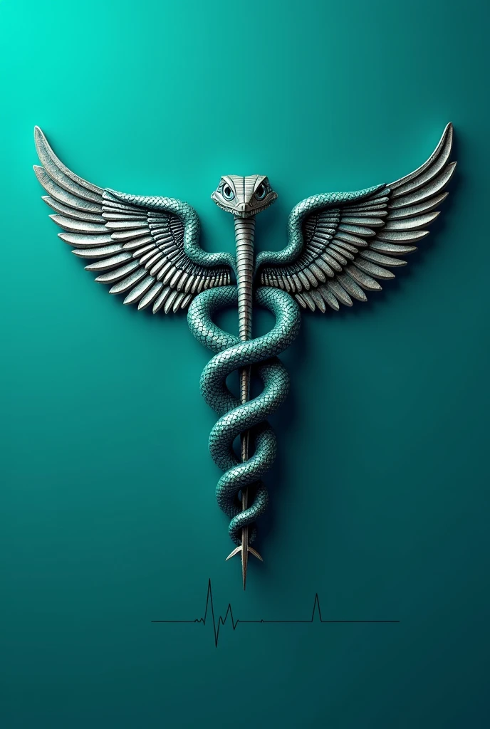 I want a medical snake with a teal background, featuring the medical caduceus and a logo design rather than just an image. It should have wings and be designed for the healthcare sector, suitable for computer screens. It needs to have an electrocardiogram crossing through it and be 1000 px high by 3000 px wide. The background should be a single, undiluted color, all the same shade - no lighter or darker areas. I want a solid color background.
