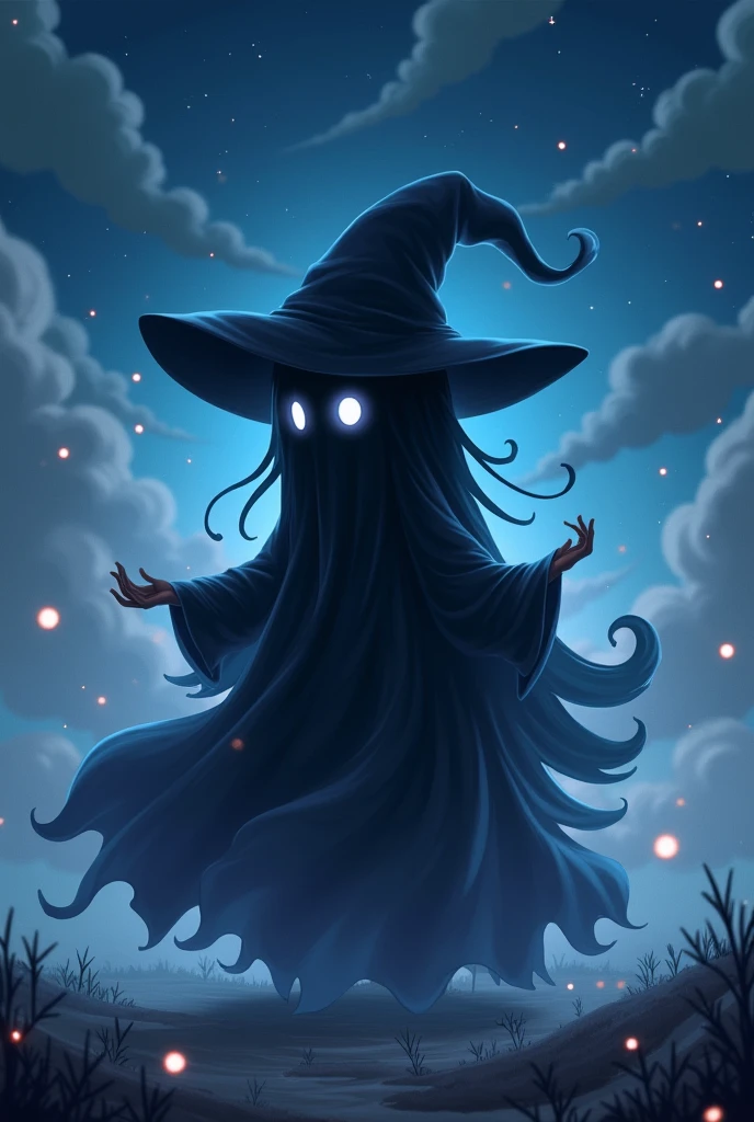 Ghostly Black Mage. Vaporous shadow body with clothes that hide the body. Similar to the character Vivi from Final Fantasy IX. It's small and has a cute appearance. The body must be translucent smoke like a shadow (not solid). anime style.


