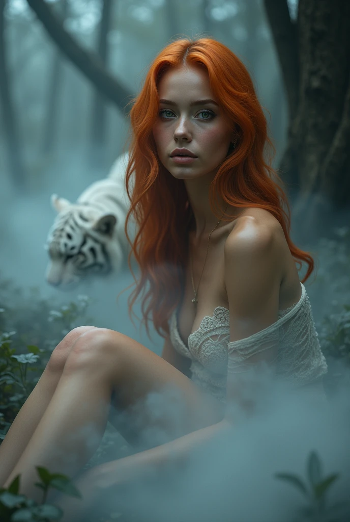 A full body of a sitting beautiful orange-haired dark tanned 26-year-old woman with perfect and detailed eyes, beautiful, detailed lips, extremely detailed eyes and face, long eyelashes, intricate facial features, elegant expression, Mysterious look, cinematic lighting, high quality 3d rendering, photorealistic, hyperdetailed, masterpiece, Digital art, Conceptual art, generate a full body image of a woman, dressed only in a smal short poncho, with the body composed of a dense fog. And a white big tiger in the misty background The fog should be thick and detailed, forming the curves of the body in a mysterious and suggestive way. The face must be visible, but the rest of the body must appear ethereal and nebulous, merging with the environment in a soft and elegant way. The background must be a dark forest, with dark trees and an eerie atmosphere. The image must have a very deep depth of field, making the woman in the foreground stand out clearly against the blurry forest background. And a white big dragon in the misty background