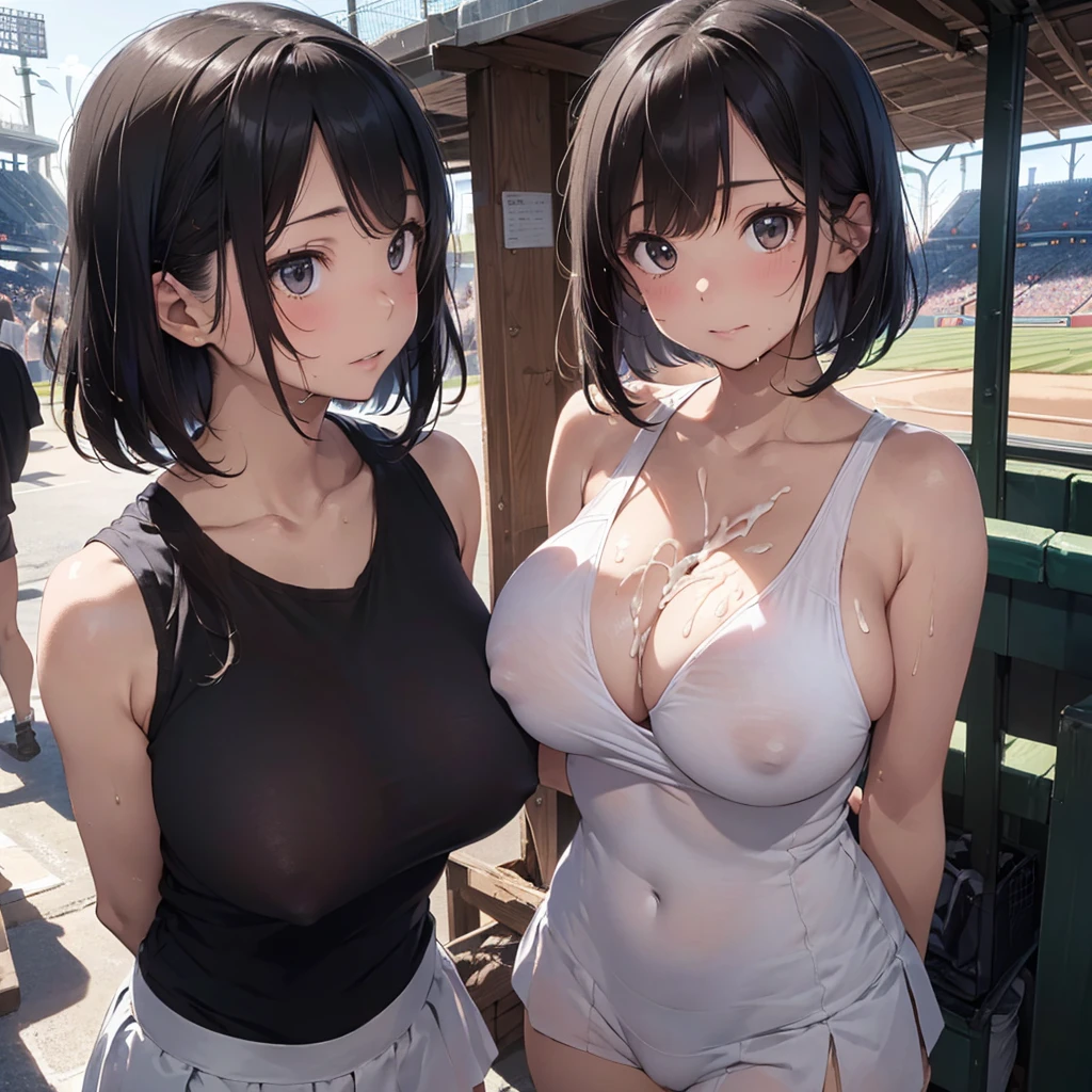 2lady(different hair style), ((ultra-quality)), (Bukkake:1.5), (side view), (profile), (from side), (side colossal tit:1.6), (in 8K), (arms behind back:1.5), (arms are down), ultra highres, Hyper Detailed, High contrast, Ultrafine Strike, creative refinement, absurdres, Realistic, extremely detailed CG unified 8k wallpaper, Highly detailed, High-definition raw color photos, professional photography, Realistic portrait, Cinematic Light, Beautiful detailed, 28 years old woman, (realistic skin:1.3), (shiny skin), (Best Quality:1.4), Super Detail, High quality, master piece, lifelike, (After SEX), Bukkake, Perfect face, (cum on chest:1.5), (Bukkake:1.5), (covered by lot of cum:1.3), (Sharp Focus), (upper body), (close up), Delicate Beautiful Hair and Eyes and Face, Delicate eyes, radiant eyes, Lifelike, Hyper-detailing, (white tank top:1.3), (bare shoulder), (covered breasts), (mini skirt), (Sheer areola:1.3), (colossal breasts:1.6), (big breasts:1.5), (Beautiful breasts:1.5), (smooth stomach), (Sheer nipples:1.3), (arms behind back:1.3), Beautiful cute woman, camel-toe details, (SFW), wet clothes, pale black eyes, (bob cut), (medium hair), (parted bangs), (baseball stadium)