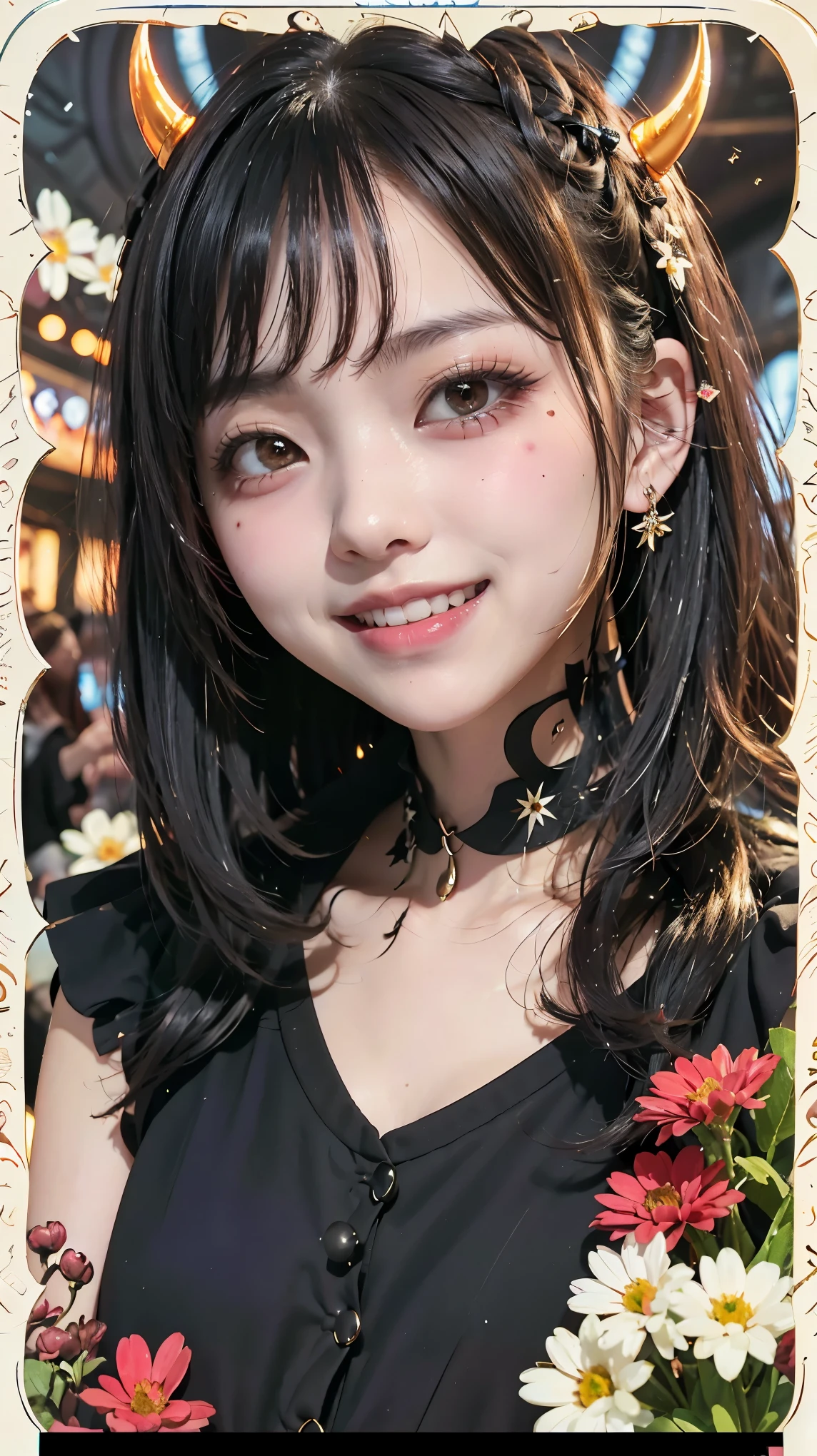 Realistic、masterpiece、Highest quality、Highest quality、Tarot Card Style、A background of colorful flowers、One Woman、Devilish image、Upper body photo、Gothic punk costumes、(Black Hair, Long Hair:1.2)、Natural Makeup、Draw lots of eyelashes、Deep orange blush、Grin, Showing teeth、cheeks turn a little red