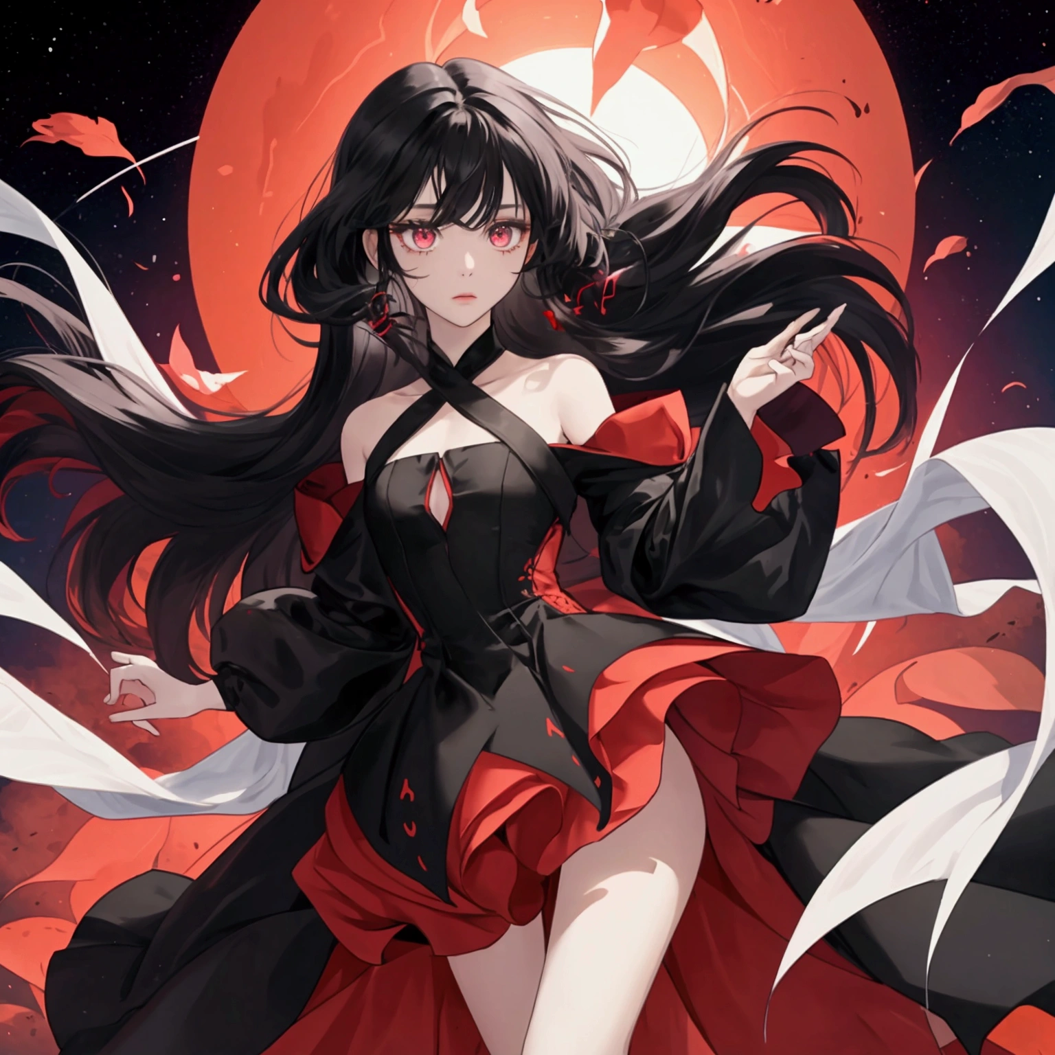 The android girl is a humanoid. Her eyes are red, the iris looks like a diagram. The girl has long black hair, a long black dress. There are black and red colors in the design of this character. The girl is slightly floating in the air in a graceful pose, with a small red circle (glowing) on her left neck. There are glowing red patterns on her body. The hem of her dress does not touch the floor. The dress is longer than her legs. The girl is floating in the air. The hem of the dress is red at the very bottom. Above, it turns gradiently into black. The girl has a cold skin color. A cold look without emotion. There are also a lot of futuristic elements on her dress. The whole concept is made in the anime style. She has lush hair and the hem of her dress. The hair and hemline seem to be weightless and also float in the air. Her skin color is human, but at the same time cold. The white of her eyes is white. She looks like an anime girl. Her dress is very thoughtful with a lot of beautiful design. In some ways, the girl's design resembles the girl from the anime Vivy song of the fluorite eye. in the picture, she is full-length. But due to the fact that the hem of the dress is too long, her legs are not visible.