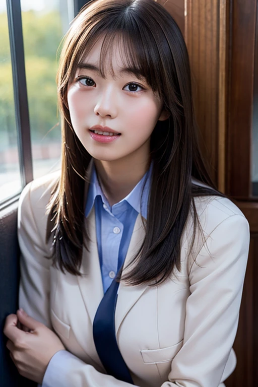 bangs,(Large Breasts:1.2),(Highest quality,masterpiece:1.2),one person,one person,alone,Fair skin,8k,Ultra-high resolution,Super detailed,Highest quality,Perfect lighting,flat light,super high quality,Ultra-high resolution,masterpiece,Realistic,Detailed face,Perfect Anatomy,School,school uniform、Slender body、Young face、smile、Sweating、Flushed Cheeks、whole body、Please wear a perfect blazer school uniform.、Beautiful feet、Variety of poses