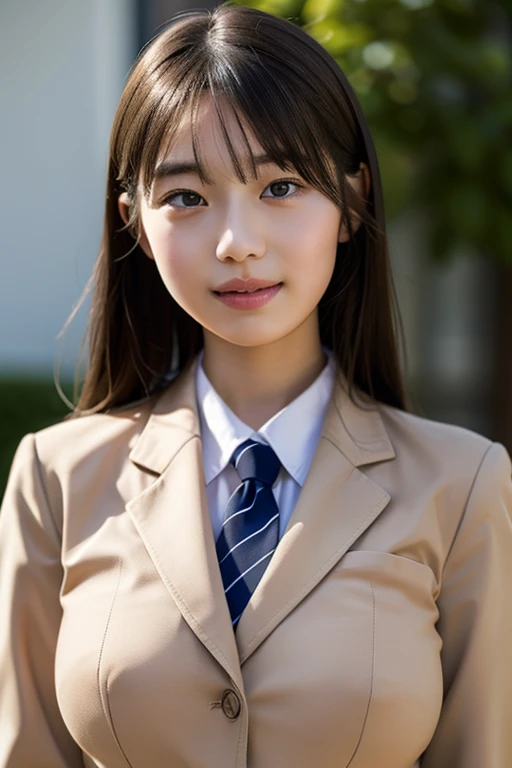 bangs,(Large :1.2),(Highest quality,masterpiece:1.2),one person,one person,alone,Fair skin,8k,Ultra-high resolution,Super detailed,Highest quality,Perfect lighting,flat light,super high quality,Ultra-high resolution,masterpiece,Realistic,Detailed face,Perfect Anatomy,School,school uniform、Slender body、Young face、smile、Sweating、Flushed Cheeks、whole body、Please wear a perfect blazer school uniform.、Beautiful feet、Variety of poses
