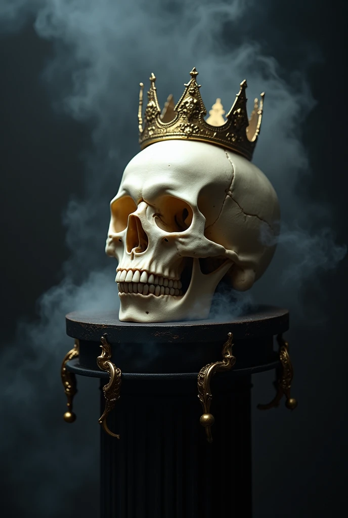 photograph of a ivory crown shaped skull, dark background, fog, smoky, dramatic lighting, misterious pedestal, gold accent