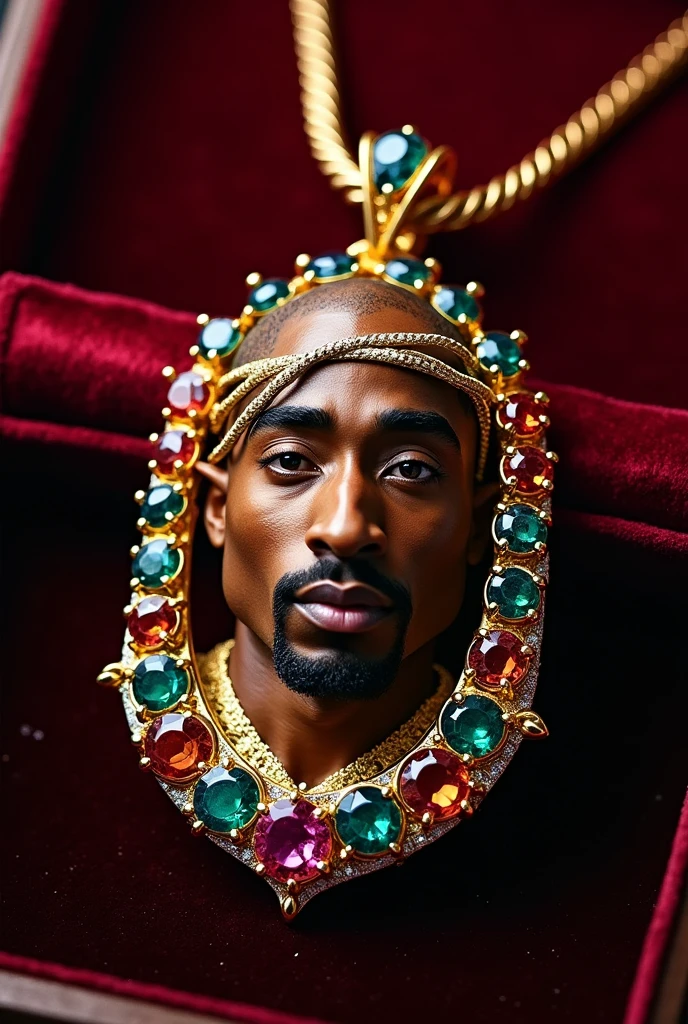 Tupac crafted into a gold pendant with colored diamonds more designs
