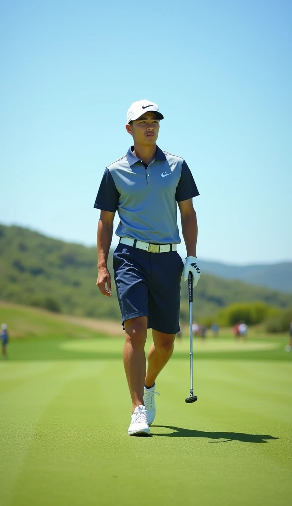 Make a picture of a handsome Korean male golf player, The shoes are Nike, The hat is Nike, Make me a pair of Nike shorts, Make a view of me walking towards you, bust shot, Make your eyes clearer, Make a T-shirt with the words "I love Jeong Im-seon"