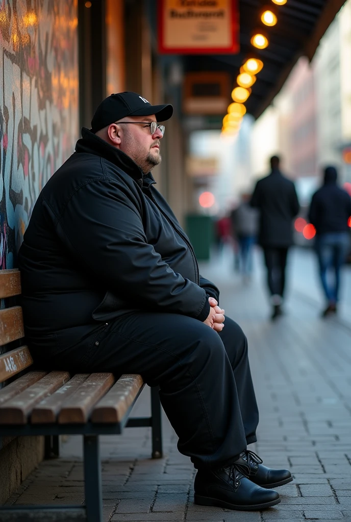 Generates an obese ager sitting on a bench,waiting for a bus,he's wearing a black jacket and black pants. with cap