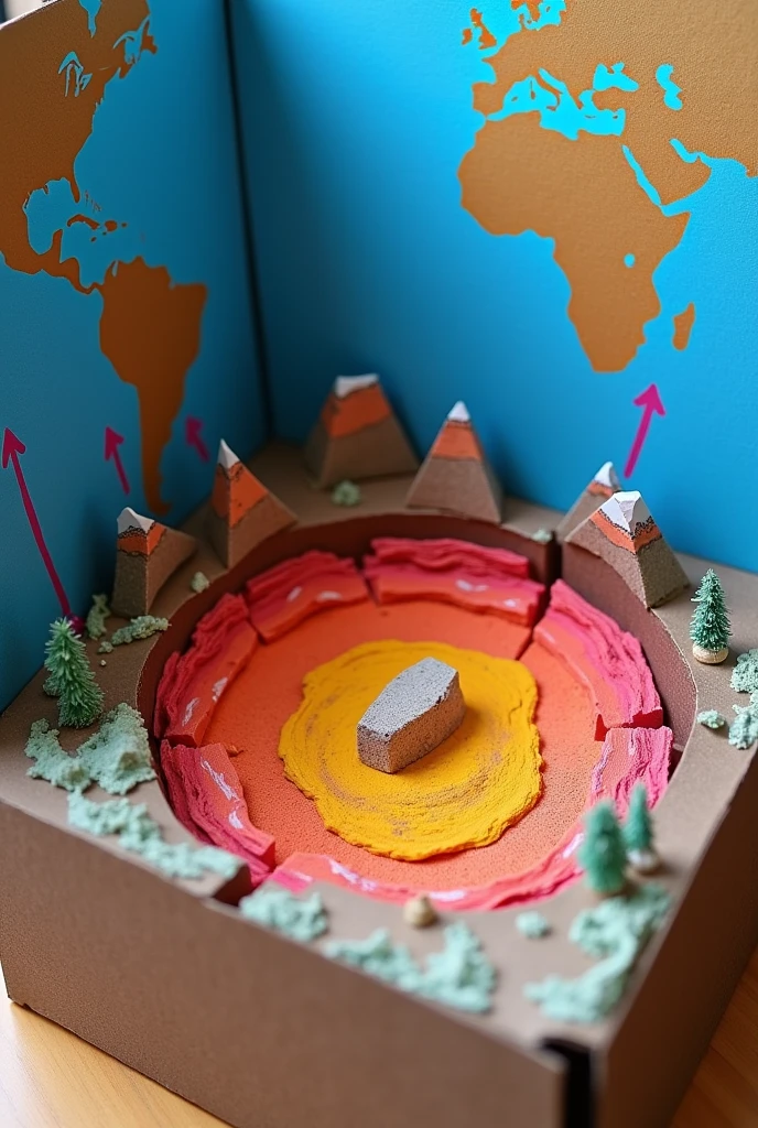 diorama/model showing the relations between plate tectonics and rock cycle using cardboard box, make it very simple and easy to make