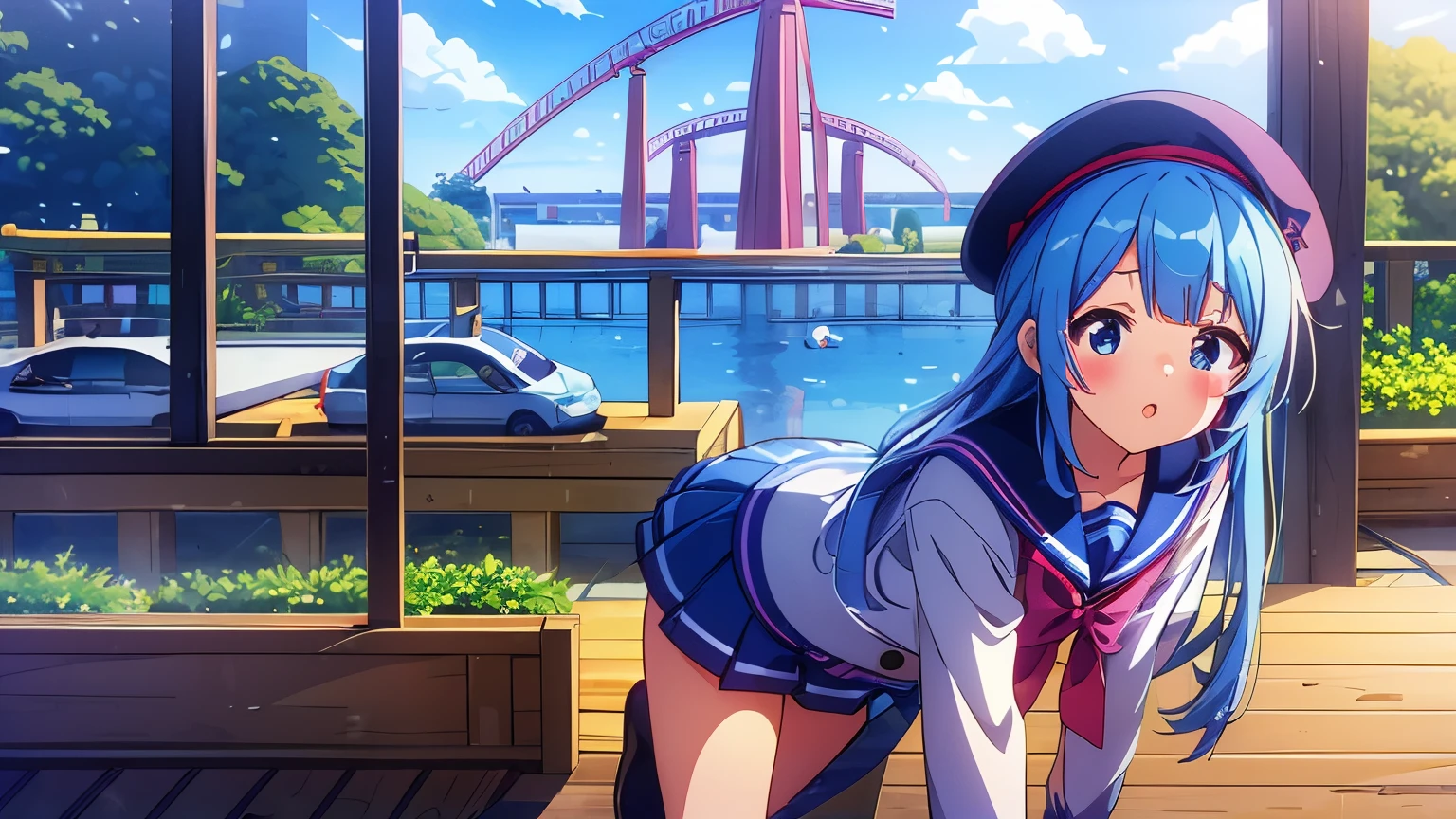 One girl only girl masterpiece、Superior image quality、超High resolution、blue hairs、blush、mock、Open your mouth a little、casual clothes、casual miniskirt、Wearing a small beret、japanese amusement park school uniform navy