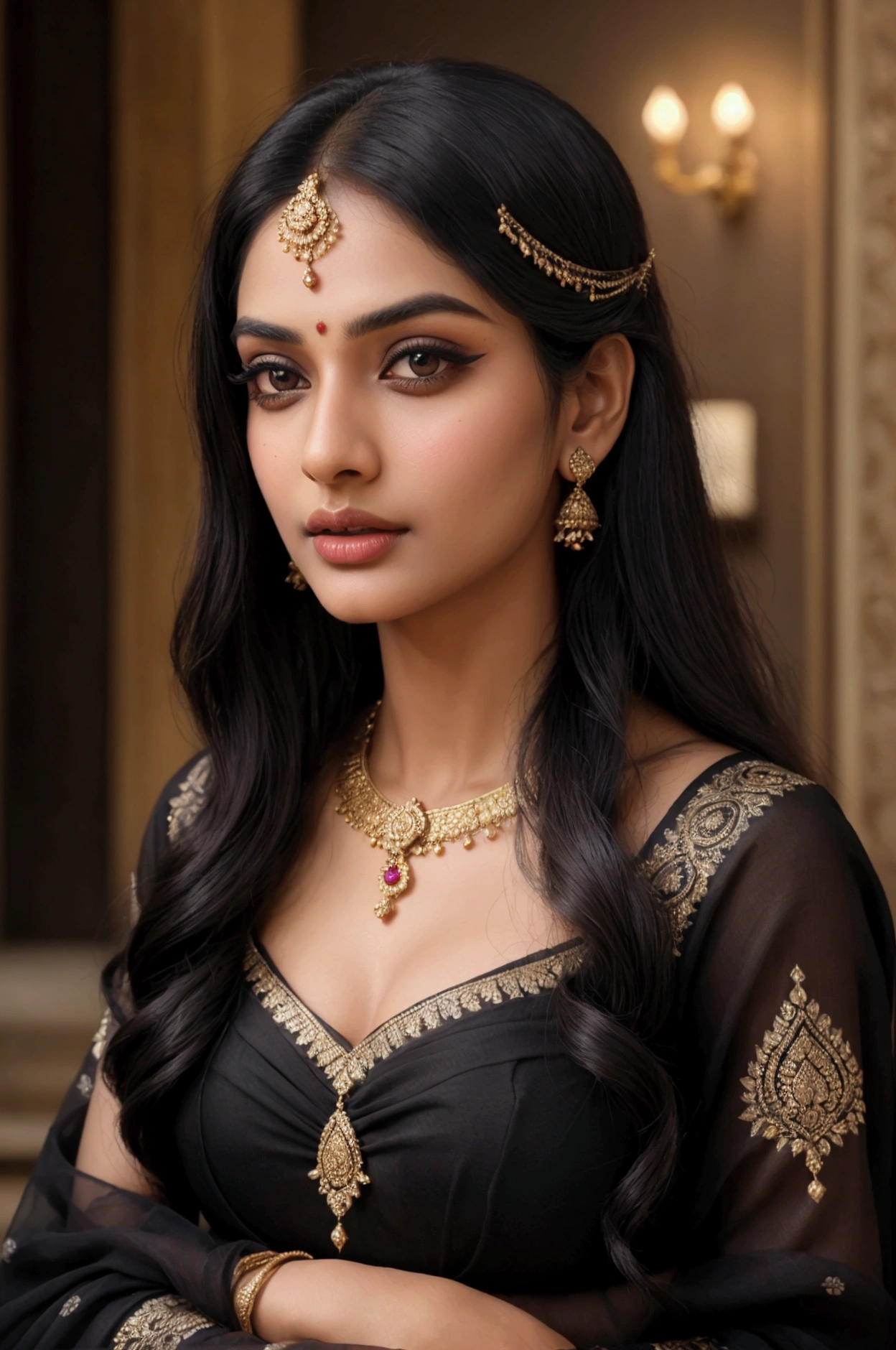 a beautiful girl in a black saree, elegant indian woman, intricate indian saree patterns, beautiful detailed eyes, beautiful detailed lips, extremely detailed face and features, long eyelashes, flowing black hair, ornate jewelry, serene expression, natural lighting, cinematic composition, detailed background, vivid colors, photorealistic, 8k, high quality, detailed painting