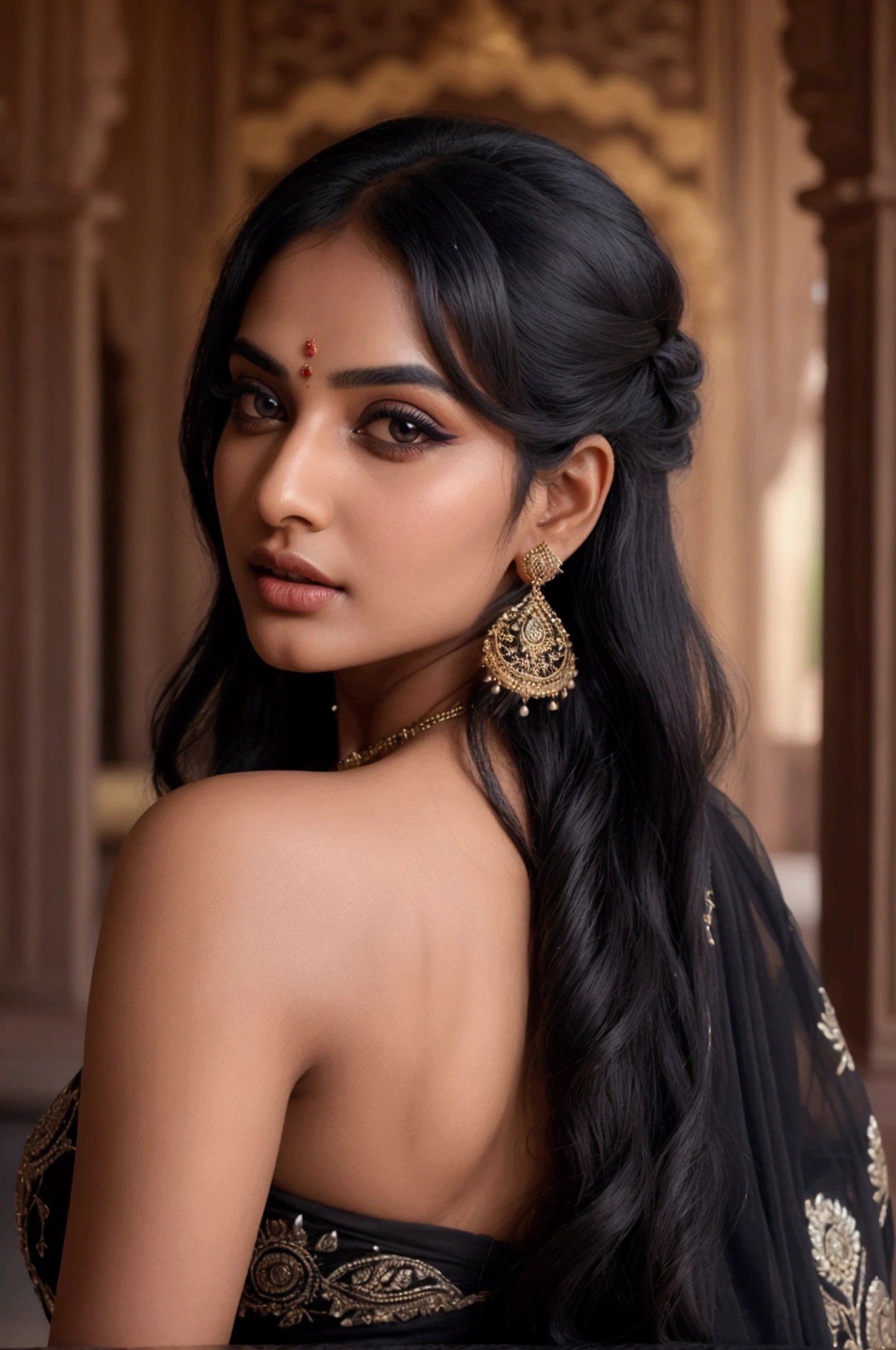 a beautiful girl in a black saree, elegant indian woman, intricate indian saree patterns, beautiful detailed eyes, beautiful detailed lips, extremely detailed face and features, long eyelashes, flowing black hair, ornate jewelry, serene expression, natural lighting, cinematic composition, detailed background, vivid colors, photorealistic, 8k, high quality, detailed painting