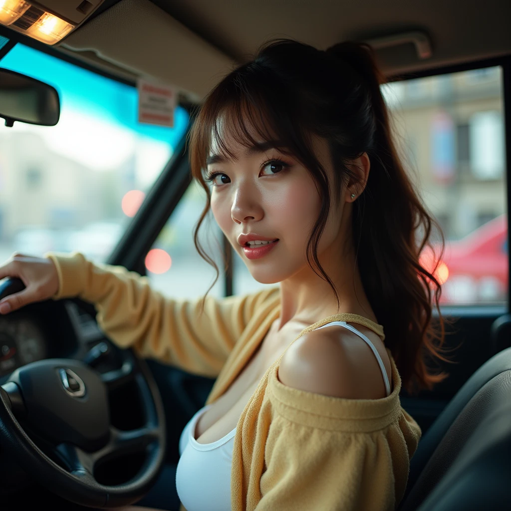 A beautiful Japanese woman tempting you in a taxi