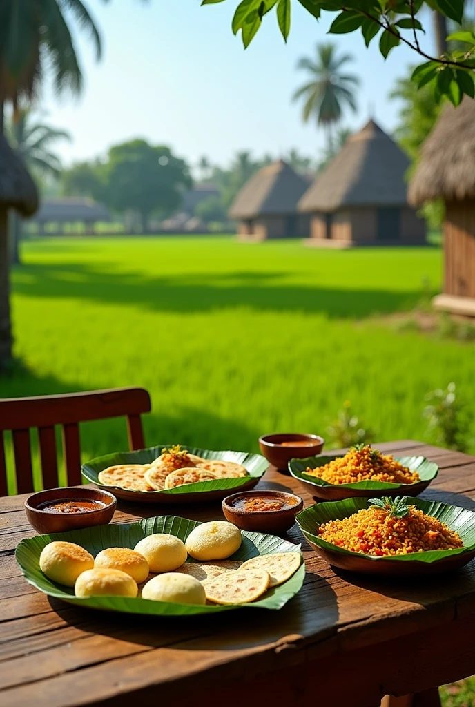 Create a image with village background and south indian meals