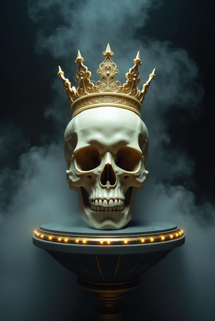 photograph of a ivory crown shaped skull, dark background, fog, smoky, dramatic lighting, misterious pedestal, gold accent