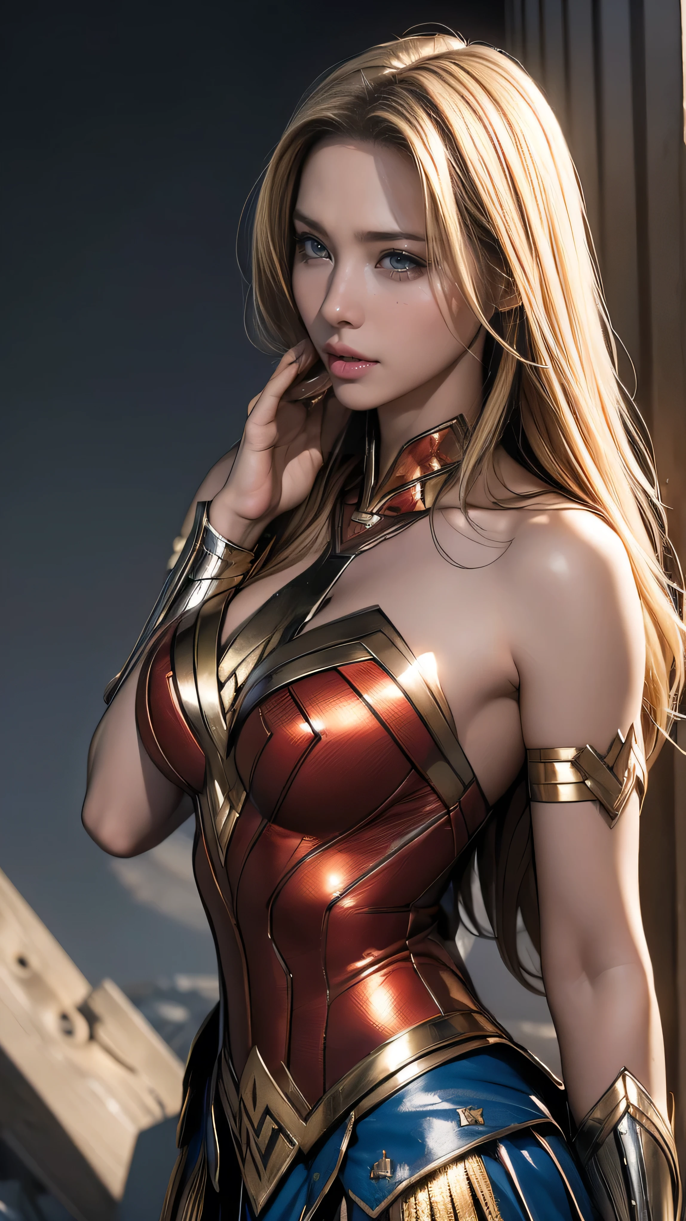 (Highest quality,4K,High resolution:1.2),Very detailed,(Realistic:1.37),Beautifully structured scenes,Dramatic lighting, Wonder Woman from a close-up shot in DC, Twisted space, twisted undead in the background,lens blur,Light Shaft, intricate and complex details, Volumetric lighting, 4K Rendering, Stock Photo, hyperRealistic texture, HDR lighting effects, Unreal Engine,SHY SMILE,Standing gracefully、Blonde long hair、Long hair that reaches down to the toes、((Removing the bulletproof guard from the hand、Removing the bulletproof guard from the left hand with the right hand:1.3))、Undressing、Removing the hand attachment、Take off only the upper body、Starts taking off costume、Embarrassed to take off