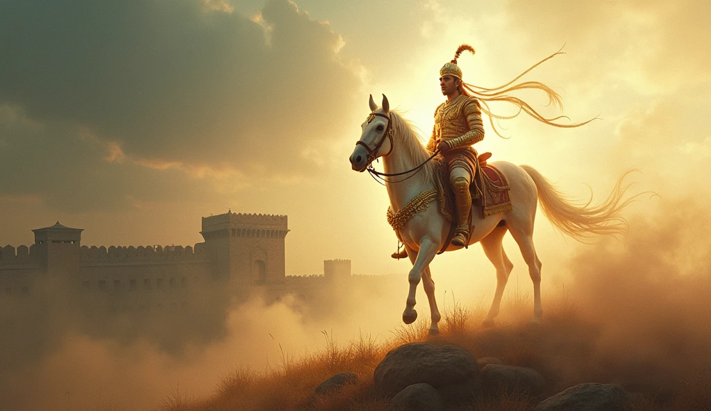 A depiction of Maharana Pratap's spirit rising above the battlefield, where he fought countless battles. His figure, transparent and ethereal, stands tall, looking down upon the land of Mewar. The background features iconic landmarks like the Kumbhalgarh Fort and Chittorgarh, representing the vastness of his kingdom and his eternal watch over it."