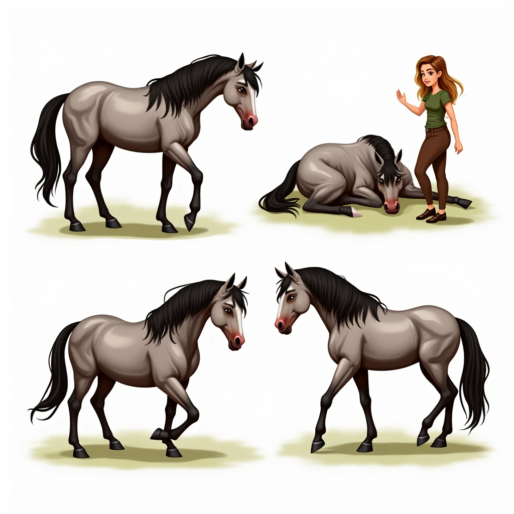 Illustration sur fond transparent d'un cheval (gris pommelé gris-marron sur tout le corps et la tête, crins de la même couleur, avec une  tâche rose sur le bout du nez côté naseau gauche, yeux marrons) dans 5 différentes positions : debout ; couché ; trottant ; en train brouter ; avec un humain à côté (femme : coupe cheveux longs bouclés châtain avec un ombré hair blond, yeux noisettes, t-shirt vert militaire et pantalon d’équitation marron)
