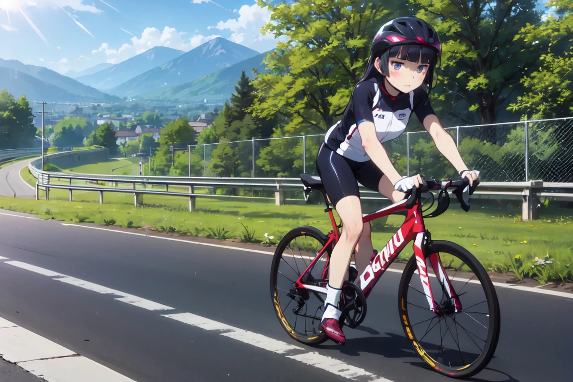 ride a bicycle, (ruri gokou), woman, alone,Hime cut, Mole under the eye, (Helmet), Cycle pro team wear, Mountain course, Road race, Sweat glistens, sunlight, Rough road, Energetic