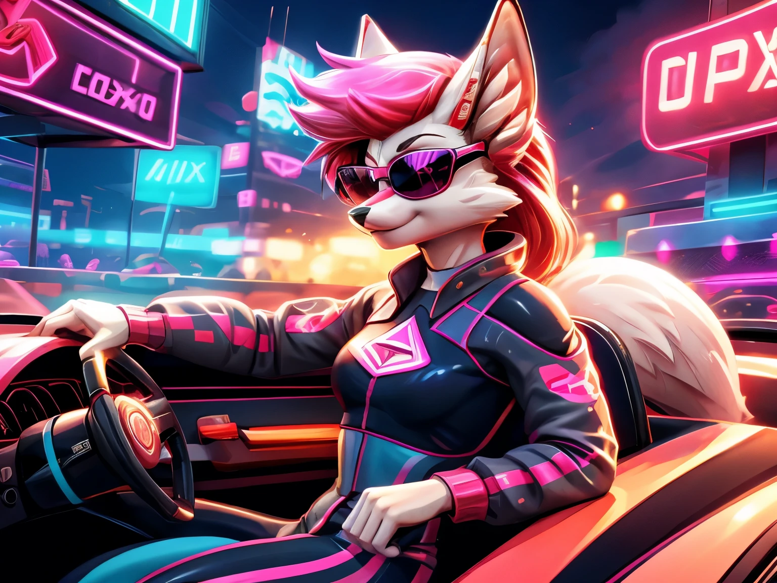 furry female anthro, fox girl, dressed, sunglasses, driving a car, neon lights, like a retro racing game, high speed, racing suit