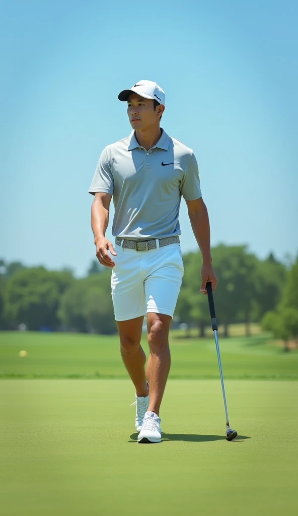 Make a picture of a handsome Korean male golf player, 50mm lens, The shoes are Nike, The hat is Nike, Make me a pair of Nike shorts, Make a view of me walking towards you,
