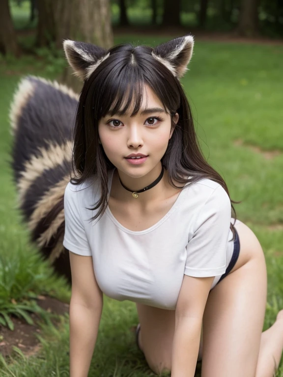 ((Highest quality, 8k)), ((masterpiece)), (Highest Resolution), Perfect Face, Raccoon-eared woman, Female college student, Beautiful woman, Outdoor, One tail, she has thick thighs, Big raccoon tail, She has a brown raccoon tail, She wags her tail, Laugh with your teeth showing, Fur collar, She is wearing a shirt and jeans., Beautiful Hips , The raccoon tail sticks out of her panty, Big Breasts, On all fours