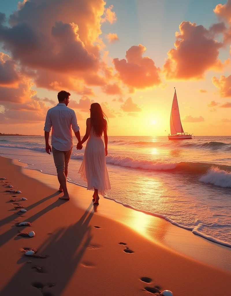 A stunning, vibrant photo capturing a couple in love, strolling hand in hand along the ocean shoreline. The sun casts warm hues of orange and pink across the sky, with the sunset reflecting beautifully on the gentle waves lapping at their feet. A sailboat adorns the horizon, and the shore is scattered with seashells, leaving visible footprints in the sand. In the distance, a lighthouse stands tall, guiding the couple through their journey. The high dynamic range and ultra-sharp focus create a cinematic, dramatic effect, capturing every detail of this cherished moment., cinematic, photo, vibrant