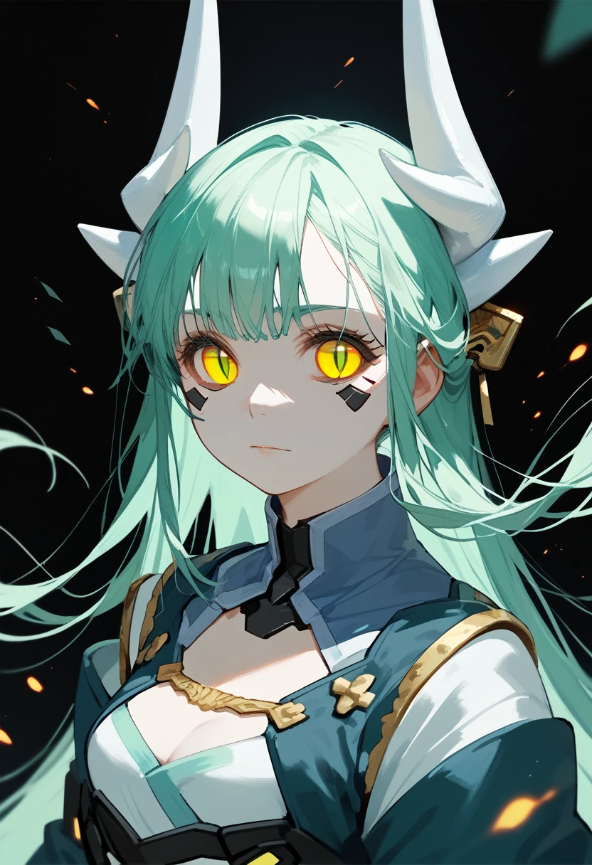 (check_9, check_8_up, check_7_up), face close-up, portrait, 1 girl, cyberpunk, green hair, long hair, yellow eyes, slit pupils, horns, white horns, medium breast, hair ornament, blue kimono, wide sleeves, standing, I look at the viewer, neutral, shadowed face, Black background, simple background,