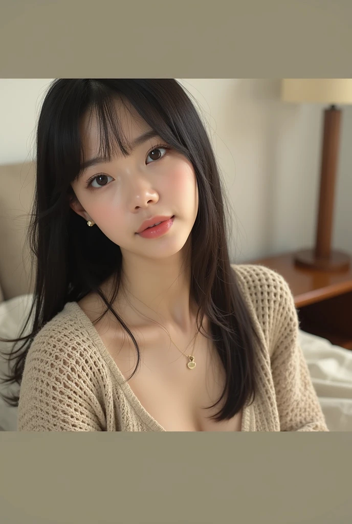 Wearing a knitted sweater & mini skirt, (Lift up your skirt to show your underwear:1.3), Realistic photo, of Japanese, nude, Lie on the bed with your legs spread, The lower body is a futuristic machine, Detailed face and body, Natural light, High resolution, photoRealistic, (Highest quality,8k,High resolution,masterpiece:1.2),Very detailed,(Realistic,photoRealistic,photo-Realistic:1.37),Realistic skin texture,Beautiful eyes and lips,Beautifully detailed face,Long eyelashes,Smooth Skin,Natural body shape,((Medium Hair,Straight Hair,Keep your bangs straight down)),Thin face