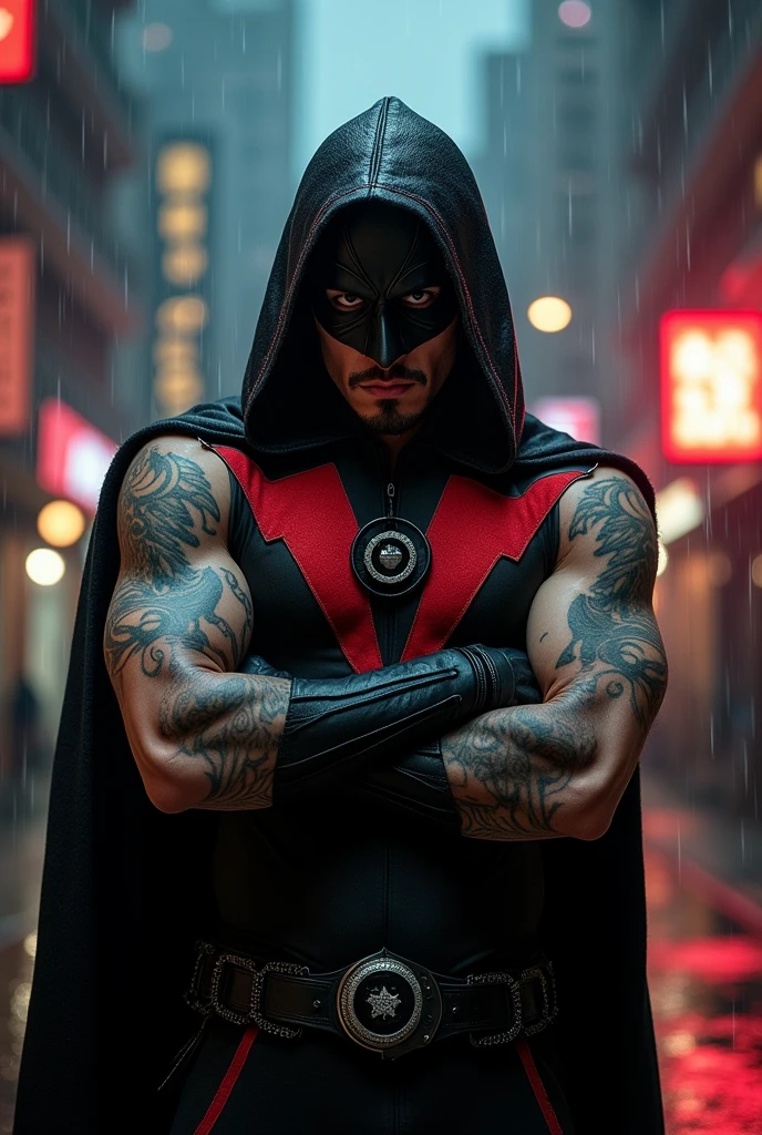 a hispanic male, super villian with a black costume with red details with cut off sleves, and a black circle in the center of the chest, and he holds a pendant with a black circle on it