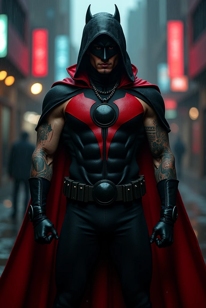 a hispanic male, super villian with a black costume with red details with cut off sleves, and a black circle in the center of the chest, and he holds a pendant with a black circle on it