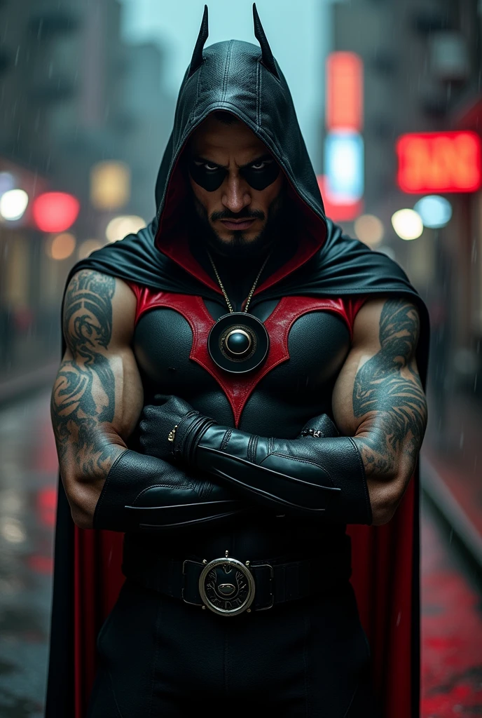a hispanic male, super villian with a black costume with red details with cut off sleves, and a black circle in the center of the chest, and he holds a pendant with a black circle on it