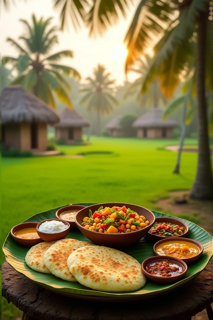 Create a image with village background and south indian meals