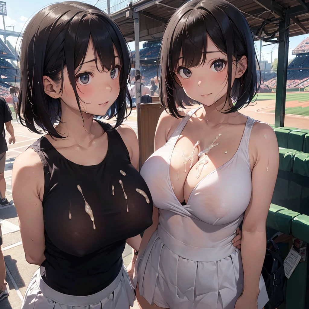 2lady(different hair style), ((ultra-quality)), (Bukkake:1.5), (side view), (profile), (from side), (side colossal tit:1.6), (in 8K), (arms behind back:1.5), (arms are down), ultra highres, Hyper Detailed, High contrast, Ultrafine Strike, creative refinement, absurdres, Realistic, extremely detailed CG unified 8k wallpaper, Highly detailed, High-definition raw color photos, professional photography, Realistic portrait, Cinematic Light, Beautiful detailed, 28 years old woman, (realistic skin:1.3), (shiny skin), (Best Quality:1.4), Super Detail, High quality, master piece, lifelike, (After SEX), Bukkake, Perfect face, (cum on chest:1.5), (Bukkake:1.5), (covered by lot of cum:1.3), (Sharp Focus), (upper body), (close up), Delicate Beautiful Hair and Eyes and Face, Delicate eyes, radiant eyes, Lifelike, Hyper-detailing, (white tank top:1.3), (bare shoulder), (covered breasts), (mini skirt), (Sheer areola:1.3), (colossal breasts:1.6), (big breasts:1.5), (Beautiful breasts:1.5), (smooth stomach), (Sheer nipples:1.3), (arms behind back:1.3), Beautiful cute woman, camel-toe details, (SFW), wet clothes, pale black eyes, (bob cut), (medium hair), (parted bangs), (baseball stadium)