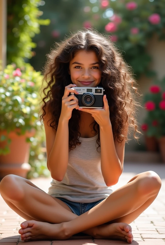 A brunette girl with curly hair and big breasts sits with her legs stretched out, taking a realistic photo