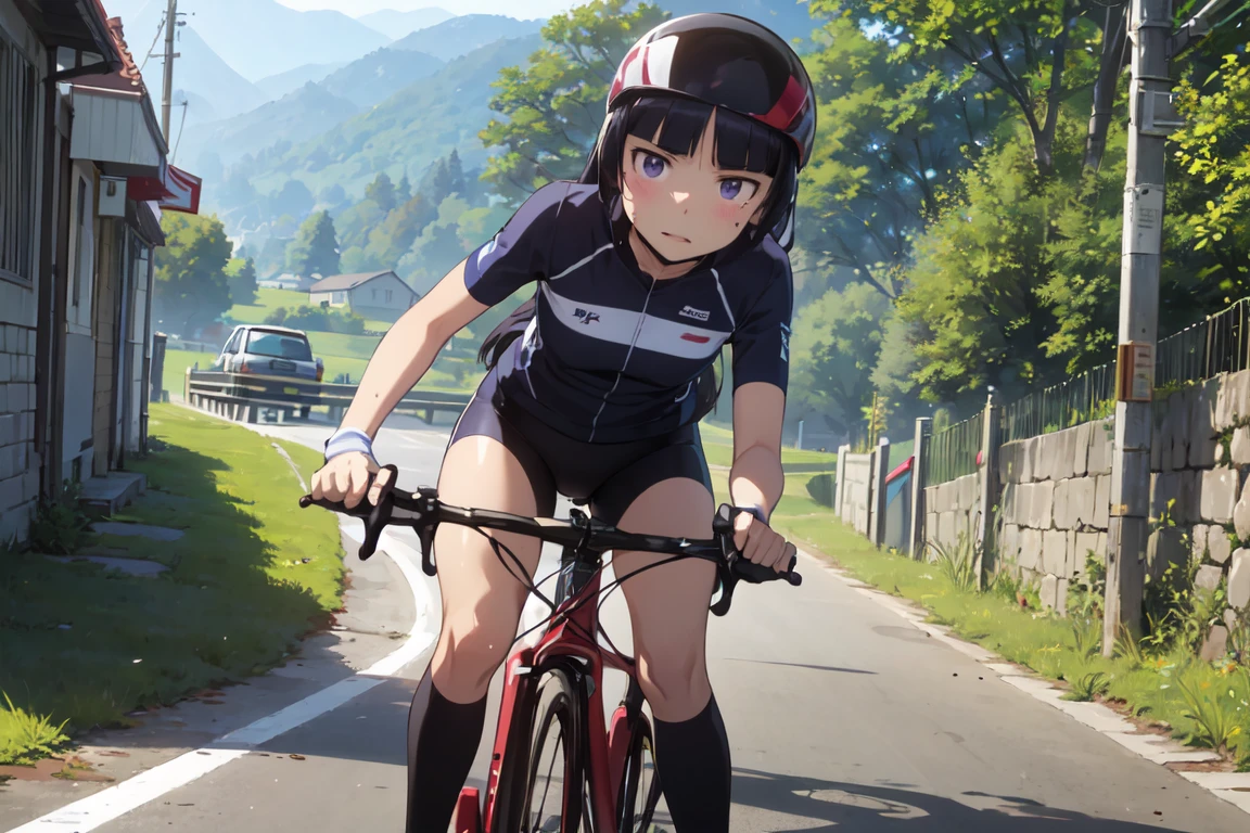 ride a bicycle, (ruri gokou), woman, alone,Hime cut, Mole under the eye, (Helmet), Cycle pro team wear, Mountain course, Road race, Sweat glistens, sunlight, Rough road, Energetic