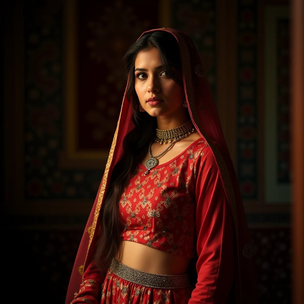 a beautiful traditional hijabi muslim pakistani girl with big breasts, wearing a tight dress and hijab, with a waist chain around her navel, her juicy stomach and navel visible, 1girl, detailed face, ultra-detailed, realistic, photorealistic, masterpiece, hyper detailed, 8k, highly detailed, sharp focus, professional, vivid colors, chiaroscuro lighting, dramatic lighting, volumetric lighting, cinematic lighting, dramatic shadows, dramatic highlights, cinematic composition, dark moody atmosphere