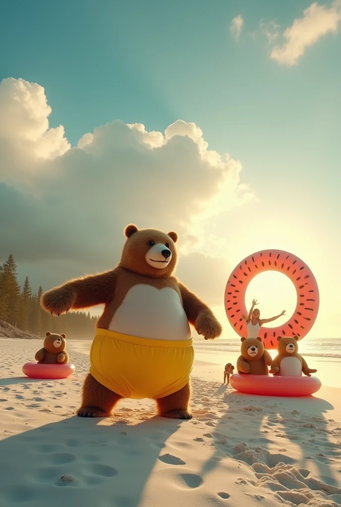 Grizzly bear deformed into an egg shape、Circle々Are fat、Yellow boxer shorts、A person with a large watermelon-patterned inflatable ring around their waist is dancing joyfully.、A big cumulus cloud against a clear blue sky、White sand beach、Falling sun、the brightness of 2 PM and strong shadows、There are many bears of my friends around.、