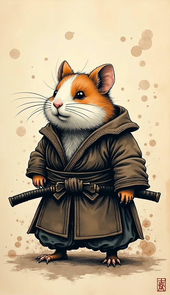 old book style ink illustration, on parchment, ink splashes, ink stains, ink smears, faded ink, samurai chubby Dzungarian hamster, katana, coat, pantless, linquivera, on parchment