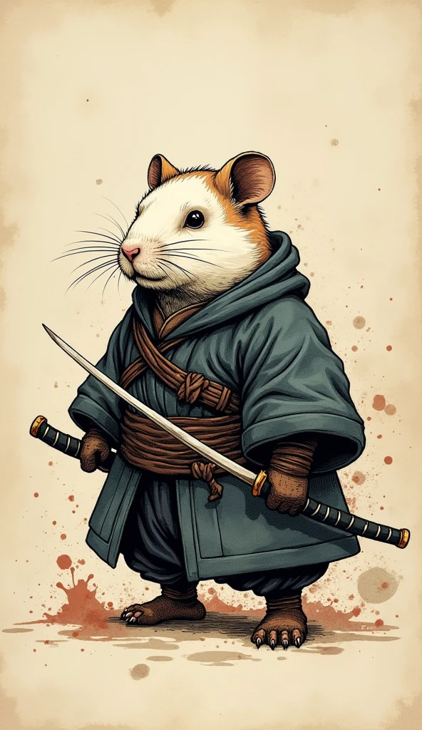 old book style ink illustration, on parchment, ink splashes, ink stains, ink smears, faded ink, samurai chubby Dzungarian hamster, katana, coat, pantless, linquivera, on parchment