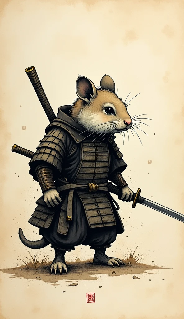 old book style ink illustration, on parchment, ink splashes, ink stains, ink smears, faded ink, samurai chubby Dzungarian hamster, katana, coat, pantless, linquivera, on parchment
