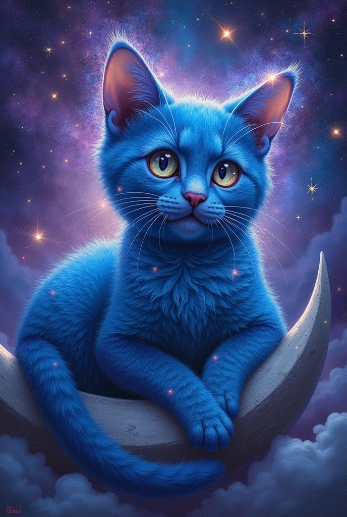 cosmic cat with oil color and the cat is blue