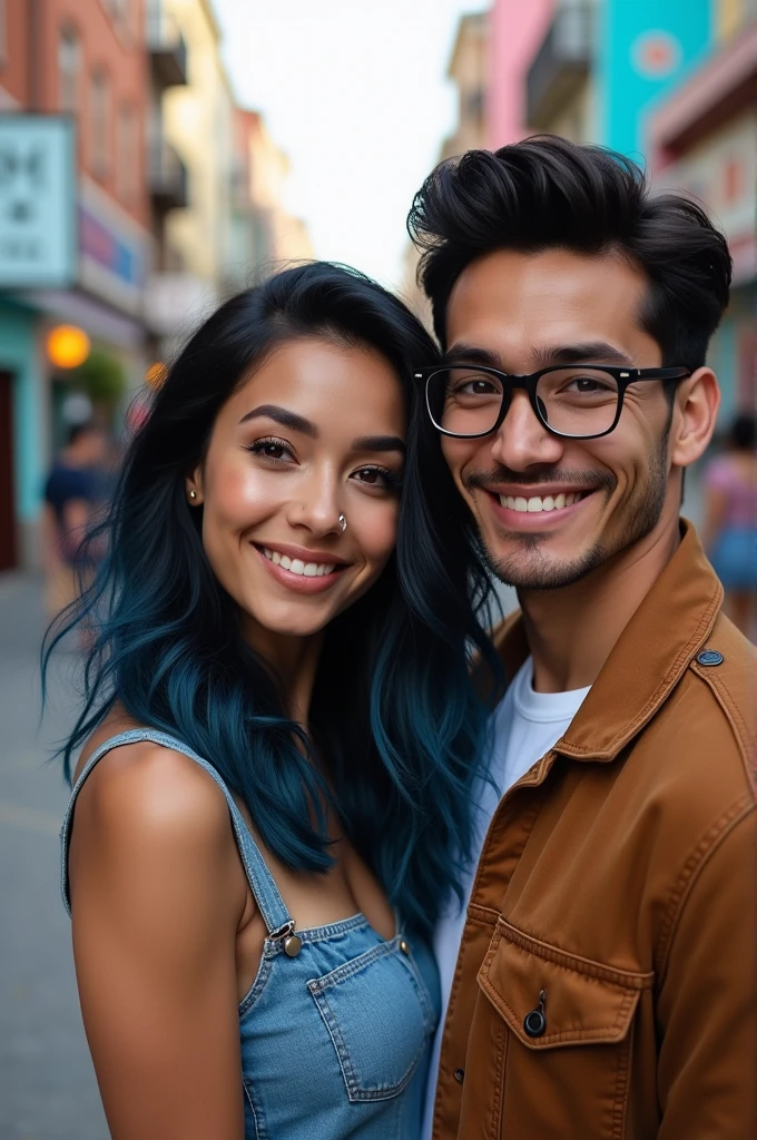 Couple, she curvy body, big cheeks, big butt, black hair with blue, big brown eyes, fair skin with a nose piercing and fair skin, He had straight hair combed up and small rectangular glasses and a wide nose with dimples on his cheeks.