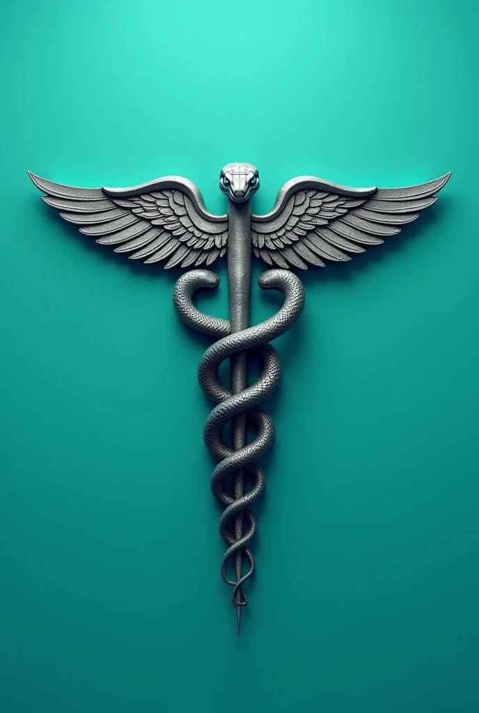 I want a medical snake with a teal background, featuring the medical caduceus and a logo design rather than just an image. It should have wings and be designed for the healthcare sector, suitable for computer screens. It needs to have an electrocardiogram crossing through it and be 1000 px high by 3000 px wide. The background should be a single, undiluted color, all the same shade - no lighter or darker areas. I want a solid color background.