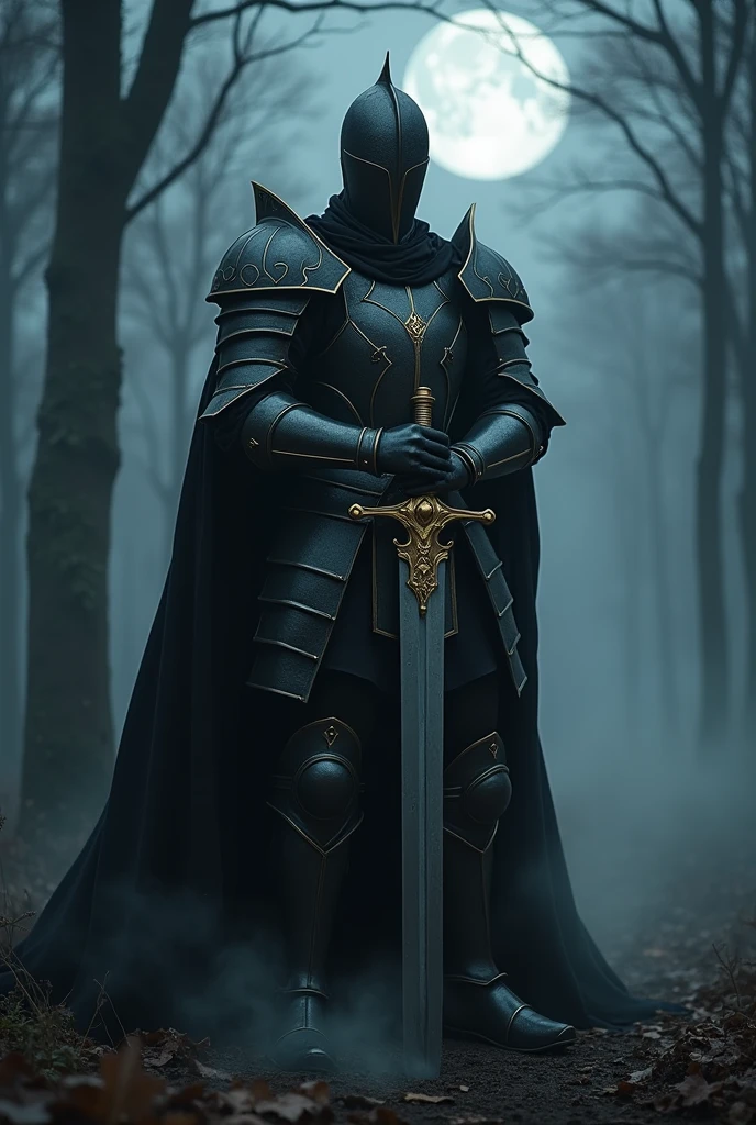 Black Knight,Knight in black armor,Stab the two-handed sword into the ground,Hold the hilt of the sword with both hands,Black Cape,Otherworldly Armor,Gold color line,Night Forest,fog,Cloak fluttering in the wind,(Wear a black robe over your armor)